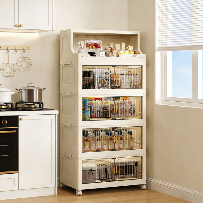 무설치 이동식 접이식 옷장 대용량 폴딩 수납장 플라스틱 양문형 바퀴형 정리함 플라스틱 서랍장, 투명색