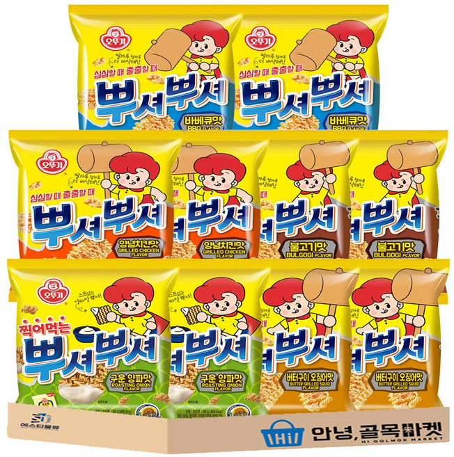 오뚜기 뿌셔뿌셔 세트 ( 불고기맛 2 + 바베큐맛 2 + 양념치킨맛 2 + 버터구이오징어맛 2 + 구운양파맛 2 ) 라면 과자 세트, 90g, 10개