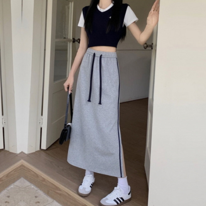 뉴욕멋쟁이 지아 배색 트임 밴딩 롱스커트