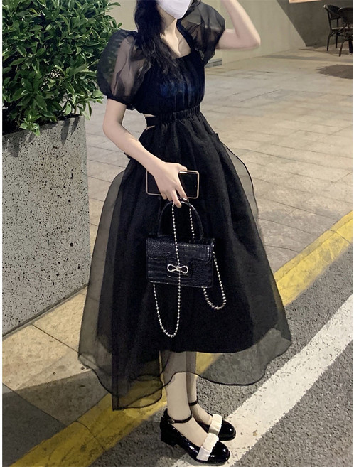 2022 새로운 오간자 드레스 여성 봄/여름 프랑스 복고풍 허리와 등이없는 디자인 짧은 소매 스커트
