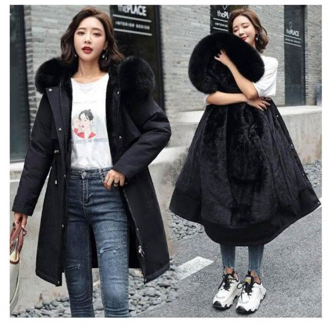 秋冬防風保暖中長版連帽羽絨外套 - 大尺碼加絨加厚女款