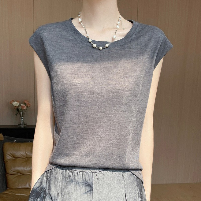 2025년 여름 텐셀 라운드넥 니트 셔츠 반팔 티셔츠 얇은 단색 기본 셔츠