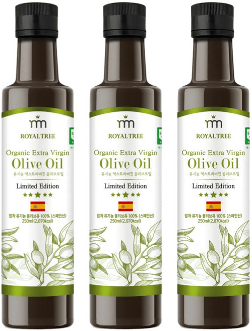 로얄트리 스페인 최상급 PICUAL품종 유기농 엑스트라버진 올리브오일 냉압착, 3개, 250ml