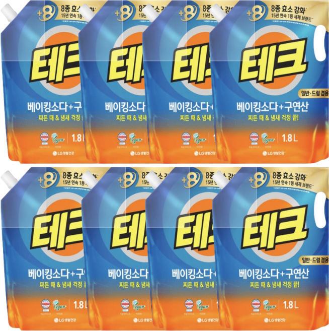테크 베이킹 +구연산 액체세제 일반 드럼 겸용 리필 1.8L x 8개