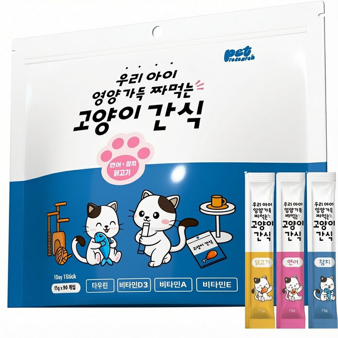 펫리서치 짜먹는 고양이 간식 츄, 참치+연어+닭고기, 15g, 90개