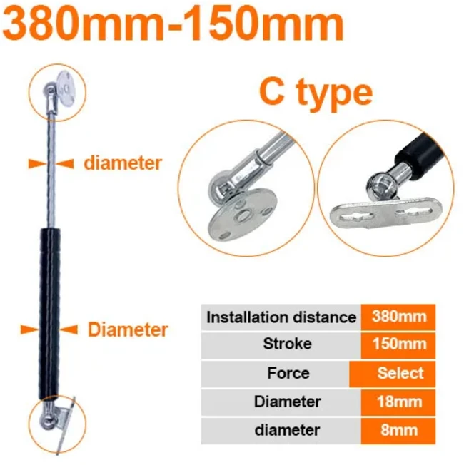 188 가스 봄 접이식 힌지 50N-500N/5kg-50kg 리프트 스트로크 거리 150mm 구멍 센터, 07 450N, 05 C type, 1개