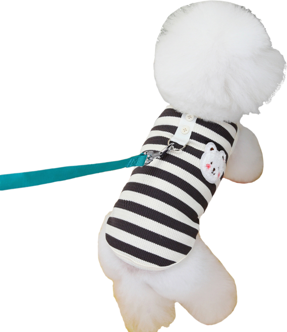 개인싸 강아지옷 곰돌이 와펜 스트라이프 민소매 티셔츠 하네스옷, 블랙, 1개