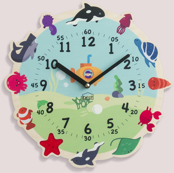 [베짓] 아이방 자작나무 교육용 무소음 벽시계 - 바다탐험대