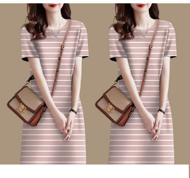 1+1 중년 여성 반팔 원피스 캐주얼 봄 여름 엄마 원피스 루즈핏 기질 스트라이프 라운드 원피스 CY