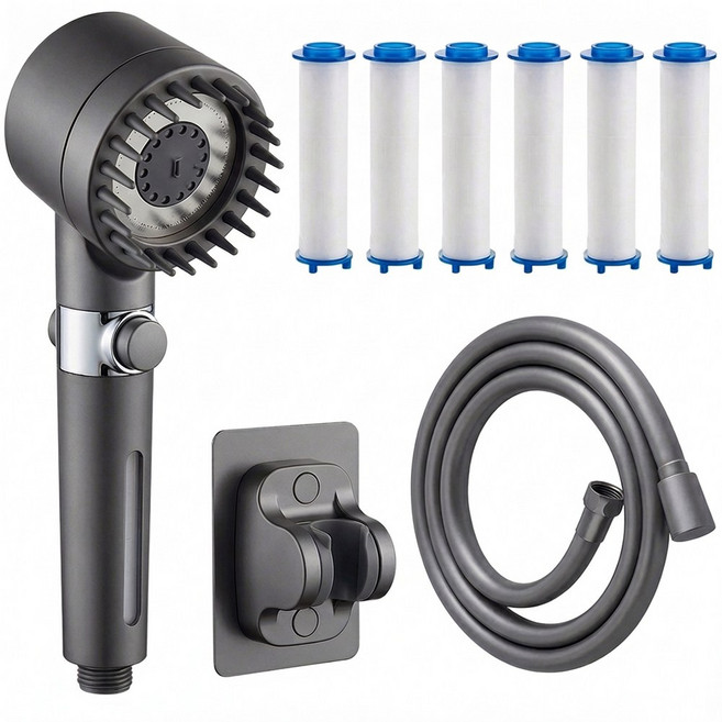 루메이크 강한 분사 샤워기헤드 + 샤워호스 1.5m + 필터 6p + 거치대, 그레이, 1세트