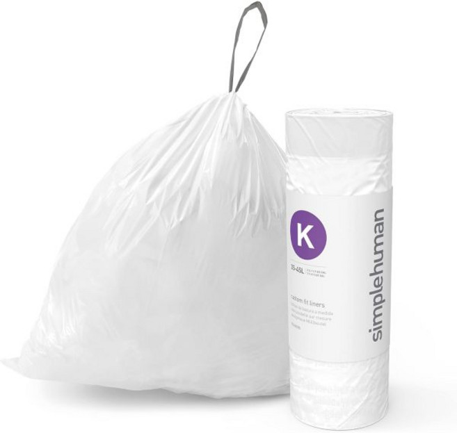 simplehuman심플 휴먼 코드 M 정품 커스텀 핏 드로스트링 쓰레기봉투 디스펜서 팩 20개5개 45리터/11.9갤런 화이트, White, 240 Count, Code K, 45L