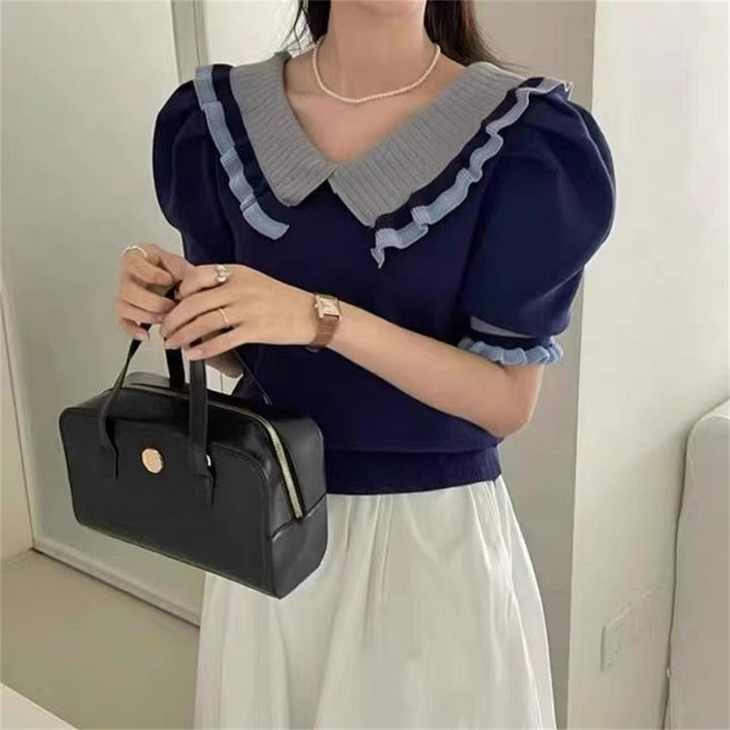 Vezri 여성 봄 가을 귀여운 러플 블라우스 반팔 니트