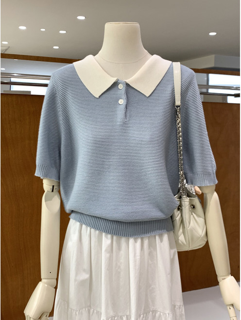 SONOVA 쏘노바 여성 배색 반팔 카라 니트 봄 여름 폴로 니트티 데일리 출근룩 상의