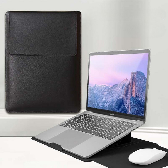 에잇원 높이조절 거치대 겸 가죽 노트북 파우치, 블랙