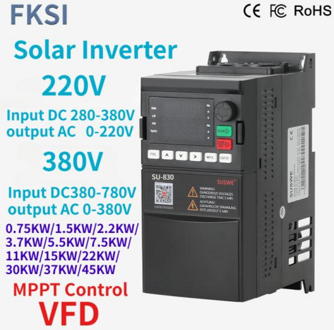 새로운 SU830 시리즈 태양열 VFD 0.75-45KW DC380-780V ~ 380V 3상 출력 주파수 변환기 모터 속도 컨트롤러, 4KW -5HP, DC280V-380V, AC 0-220V 3PH, 1개