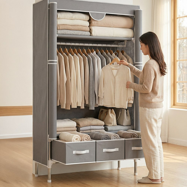 조립식 간이옷장 비키니옷장 수납 행거 옷걸이 옷장 정리함, 라이트그레이