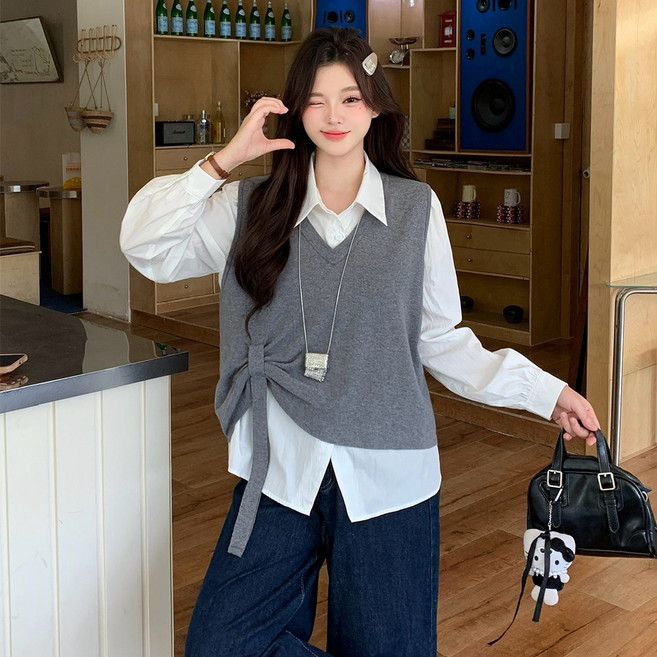 Yumico 여성 링클프리 셔츠 레이어드 니트 베스트 세트 루즈핏 체형커버 출근룩 하객룩 데일리 블라우스 가디건 투피스