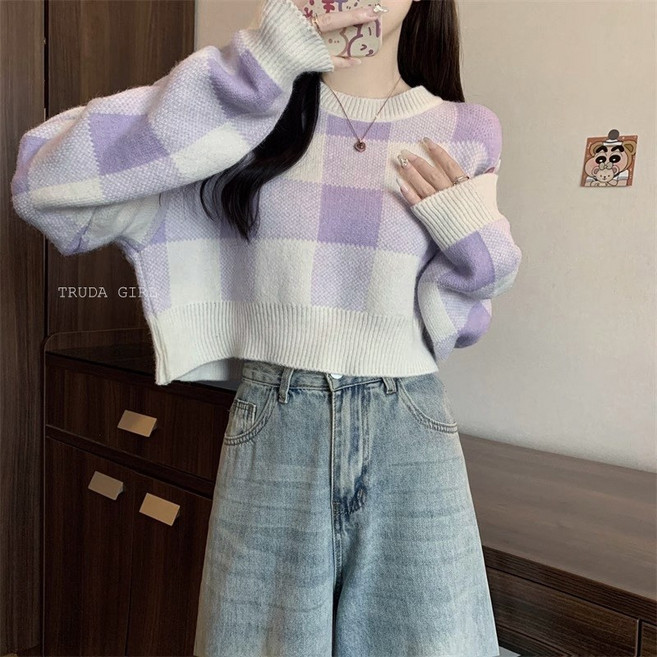杜達女孩 慵懶方格短版 混羊絨針織 厚冬季毛衣