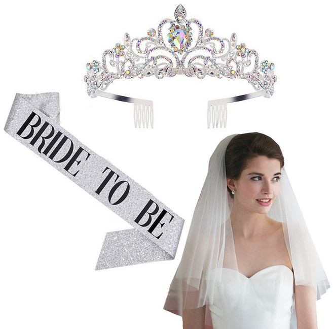 올리브파티 브라이덜샤워 셀프웨딩 티아라+어깨띠+면사포 세트, 크리스탈티아라세트, 1세트