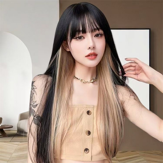 65CM보카시 웨이브 앞머리 긴머리 웨이브 여성 풀가발(가발 수납 포켓), 1개, 흑연밤색도트나염