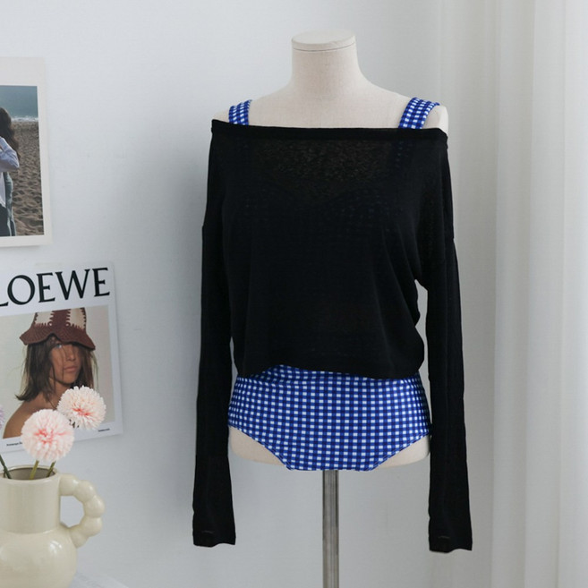 햅번홀리데이 시스루 크롭 수영복 필라테스 커버업, 블랙