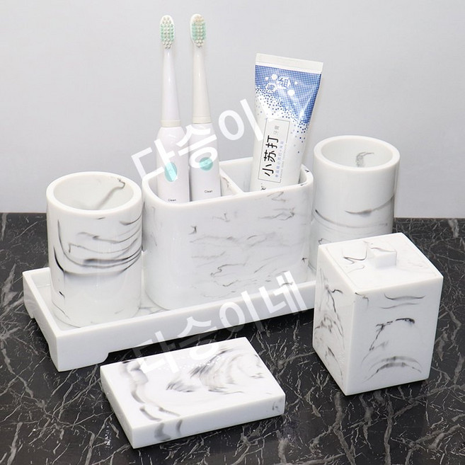 도자기 욕실세트 북유럽 대리석 패턴 욕실 5피스 모델 룸 욕실 용품 세트 호텔 라이트 럭셔리 화장실 트레이 세트, 흰색 모조 500+ 큰 이빨+ 작은 트레, 1개