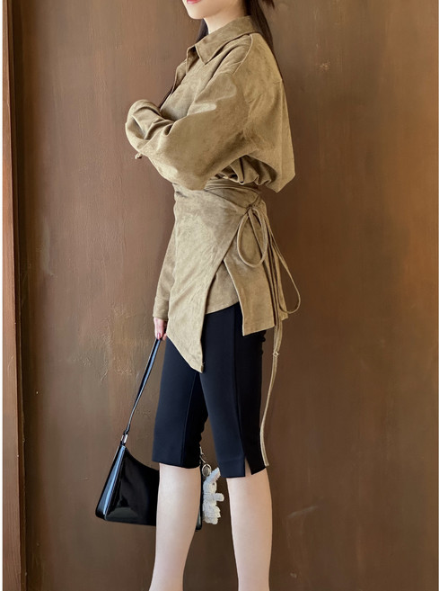 (셔츠+랩스커트 세트/2color) 레이어드 남방 오버핏 랩 분리 가능 스웨이드 무지 셔츠