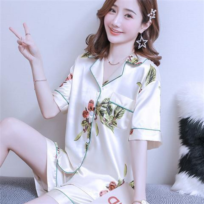 女士短袖短褲絲綢睡衣套裝 點點圖案 大尺碼