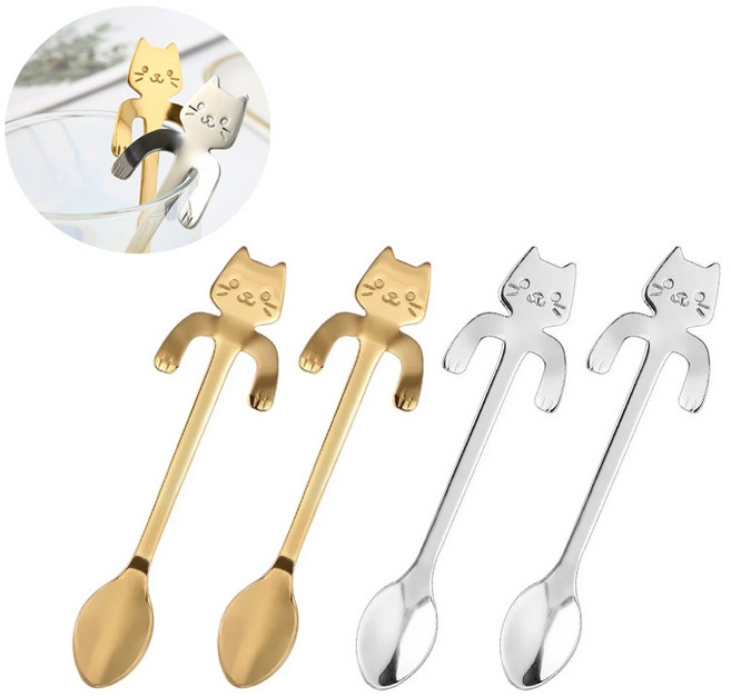 제로앤나인 팔걸이 고양이 티스푼 홈카페 스푼, 숏_골드2P + 실버2P, 1세트, 2. 숏 (골드2P+실버2P)