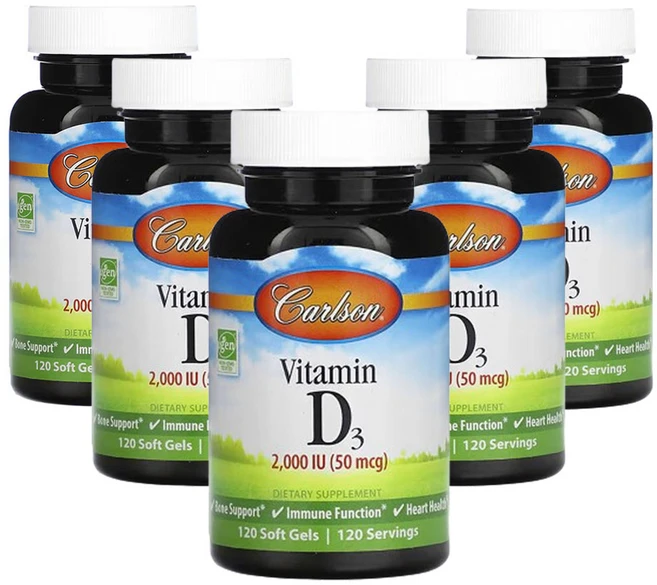 칼슨 비타민D3 50 mcg (2 000 IU) 120소프트젤, 5개, 120정 - 쿠팡