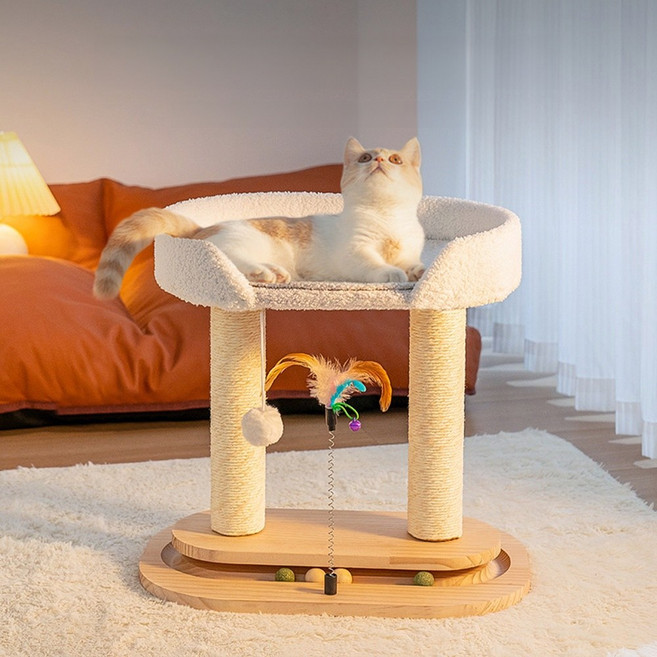 고양이 미니 캣타워 스크래쳐 3in1 휴식침대 원목 볼 트랙 낙싯대 장난감, 1개, 원목 색상
