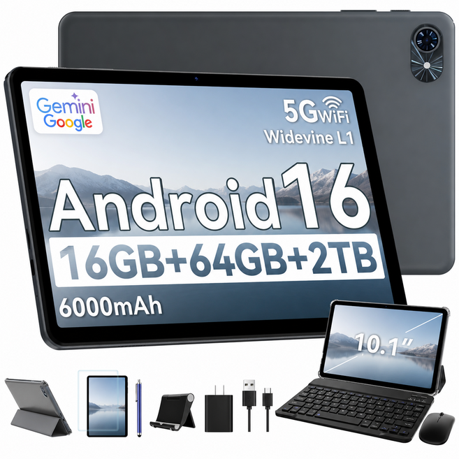 TABWEE 10.1인치 대화면 태블릿 PC 6000mAh 대용량 배터리 Gemini 2.0 지원 키보드+펜 포함 풀세트 16GB(4+12)+64GB 저장공간 학습 업무 엔터테인먼, 회색, 64GB, Wi-Fi