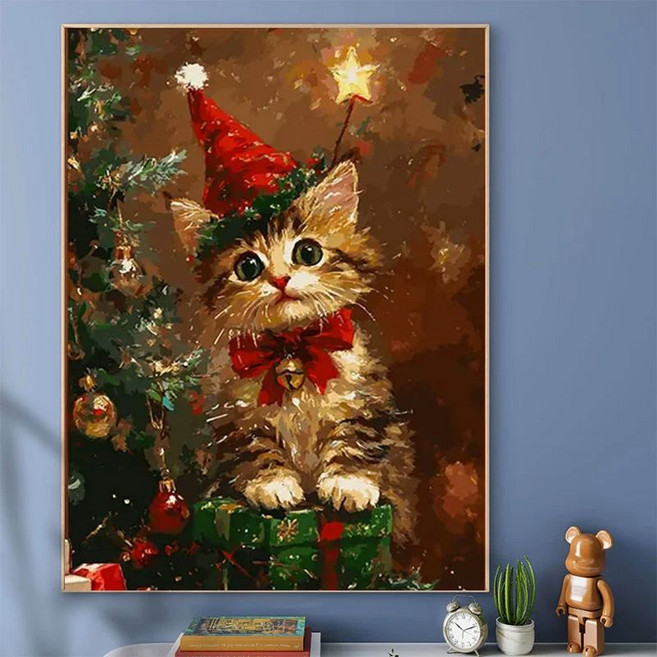 DIY 유화그리기 위메이크페인팅 생활취미아이템, 물감 붓+원목 내프레임 걸수있음, 크리스마스 고양이 44색