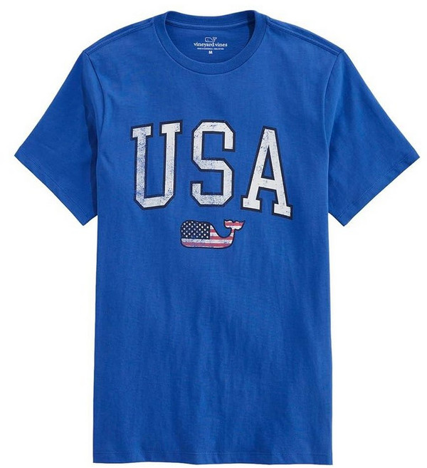 Vineyard Vines 남성용 미국 국기 고래 반소매 티셔츠 Blue Wave. M
