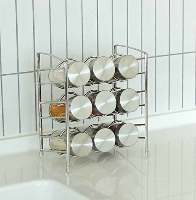 공간앤 주방 양념통 정리대 2단 선반 스텐 우드 뚜껑 유리병100ml 6칸 / 9칸, 스텐레스 랙+스텐뚜껑 유리병, 9개