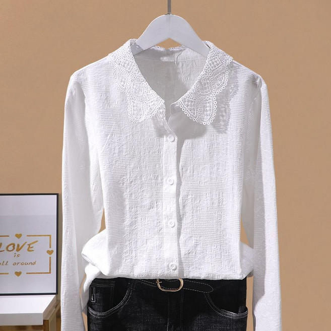 Asure 여성셔츠 레이스 면 롱슬리브 셔츠 데일리 오버핏 셔츠
