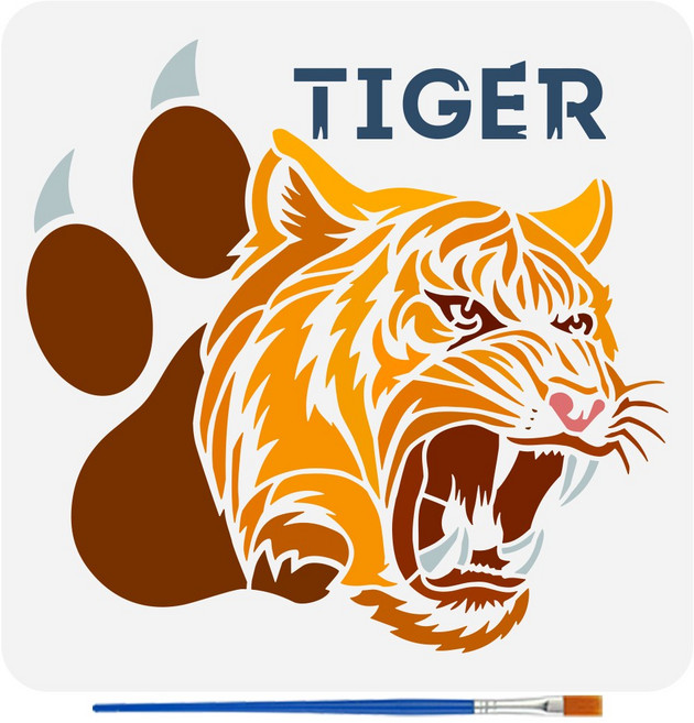 PET 스텐실 템플릿 다양한 패턴 디자인 셀프 앨범 사진 벽화 드로잉 300x300mm 붓 포함, 호랑이