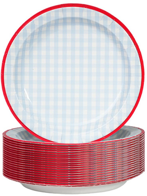 Easytime 일회용 종이접시 (블루 체크 패턴) 방수 및 방유 친환경 제품 22cm, 5세트, 10개