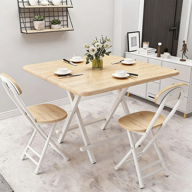 하루꿈 접이식 식탁 세트 의자포함 2인용 4인용 다용도 테이블 주방 거실 식당 탁자, 일반의자 2, 원목색