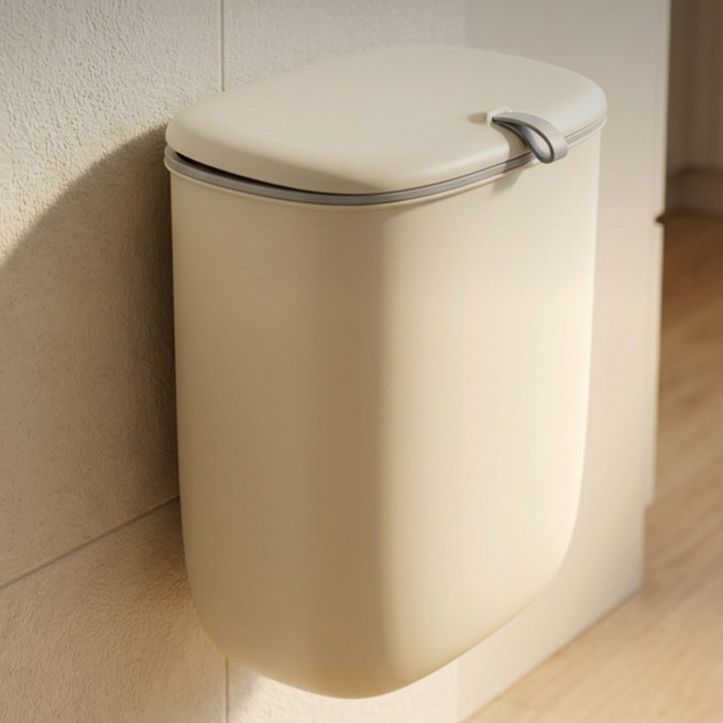 리브노드 프리미엄 주방용 걸이식 쓰레기통 9L 슬림 틈새용 악취 차단 뚜껑 휴지통, 베이지