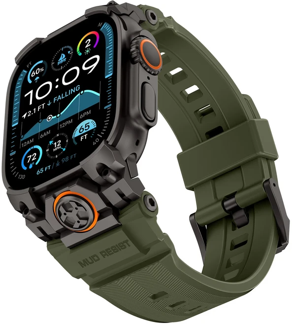 애플 워치 울트라 49mm 전술 호환 스틸 스포츠 실리콘 스테인리스 밴드, Black-Green, 1개