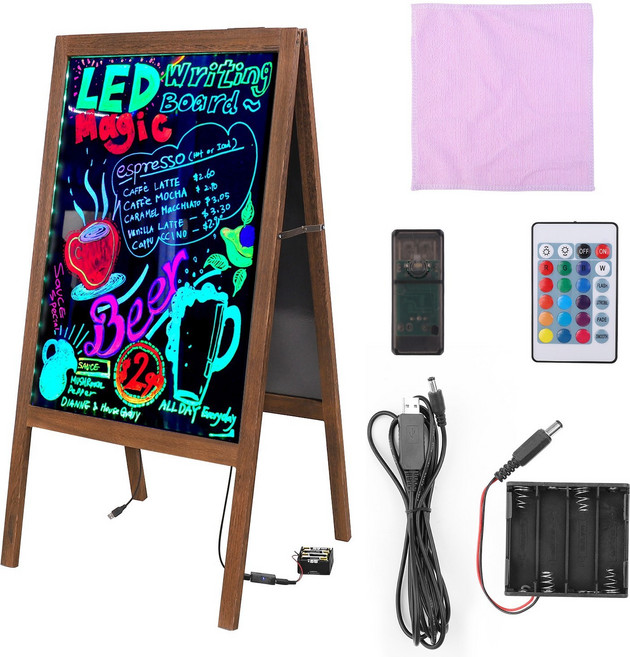 A형 양면 LED 블랙보드 네온 보드판 형광 칠판 나무 입간판 월넛