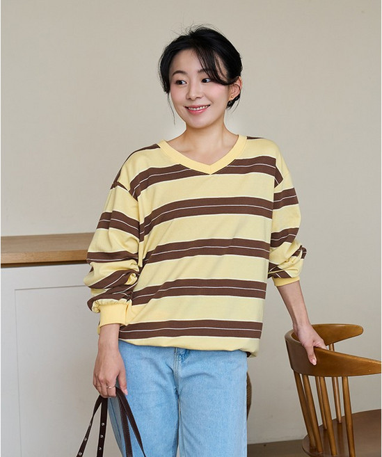 [메리브] 여성 몰펀단가라맨투맨 봄가을 면 쮸리 스트라이프 브이넥 맨투맨 루즈핏 여자티셔츠 2color