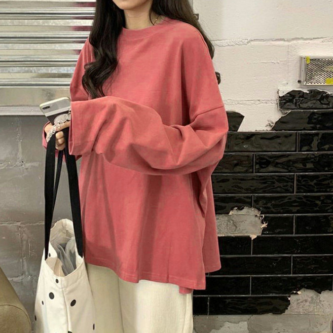 후암마켓 여자 오버핏 라운드 밑단 옆트임 기본 스판 긴팔티