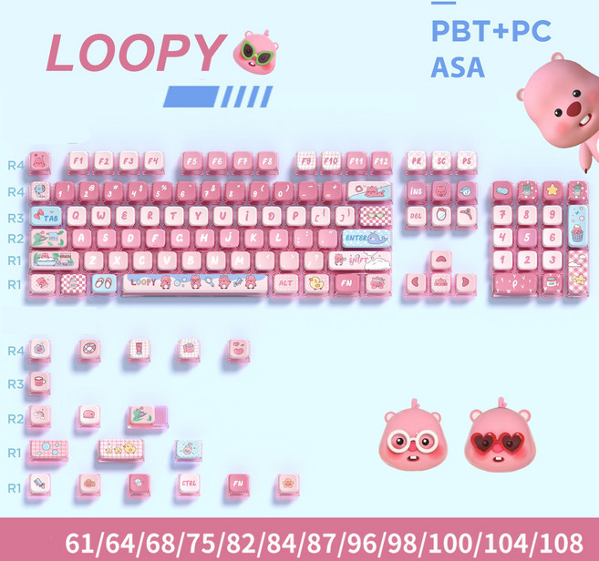 루피 테마 4면 반투명 키캡 122 키 ASA 프로필 핑크 Loopy 귀여운 키캡 PBT+PC 열 승화 기계식 키보드 캡