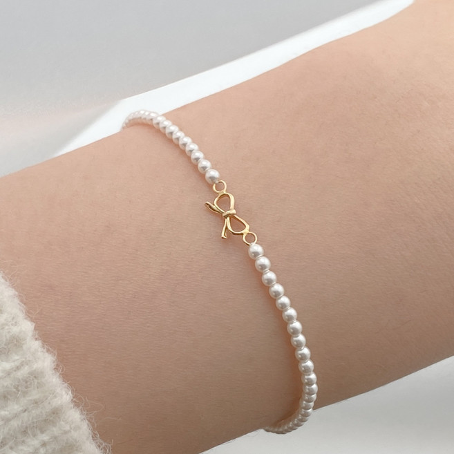 올댓골드 14K 리본 정품 스와로브스키 진주 씬 팔찌 스왈진주 팔찌 얇은팔찌 얇은진주팔찌
