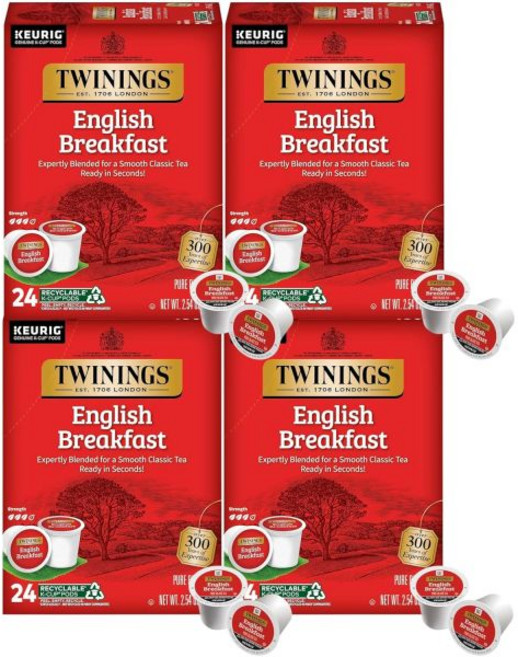 홍차 Twinings 트와이닝스 잉글리시 브렉퍼스트 티 디카페인 블랙 활기차고 상쾌한 티백 개별 포장 50개입 1박스, English Breakfast, 24개입 (4팩)