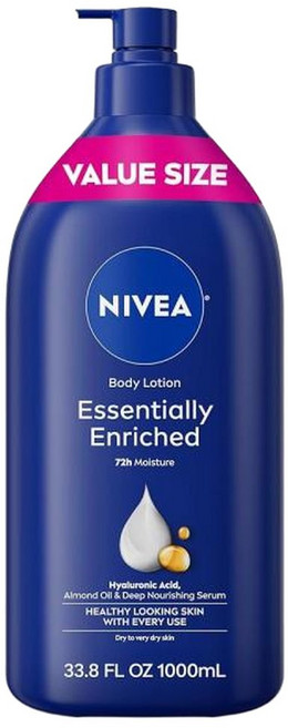 히알루론산 아몬드 오일 딥 뉴트리션 세럼이 함유된 매우 건조한 피부를 위한 NIVEA 에센셜 강화 바디 로션 72시간 바디 모이스처라이저 33.8 Fl Oz 밸류 사이즈 펌프 보틀, 1개, 33.8ml