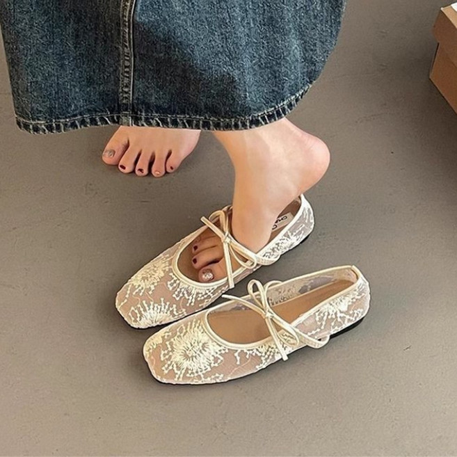 TKX 여성 레이스 플랫 슈즈 발레리나 리본 장식 편안한 메리제인 신발 스퀘어토 데일리 페미닌 스타일 봄 가을