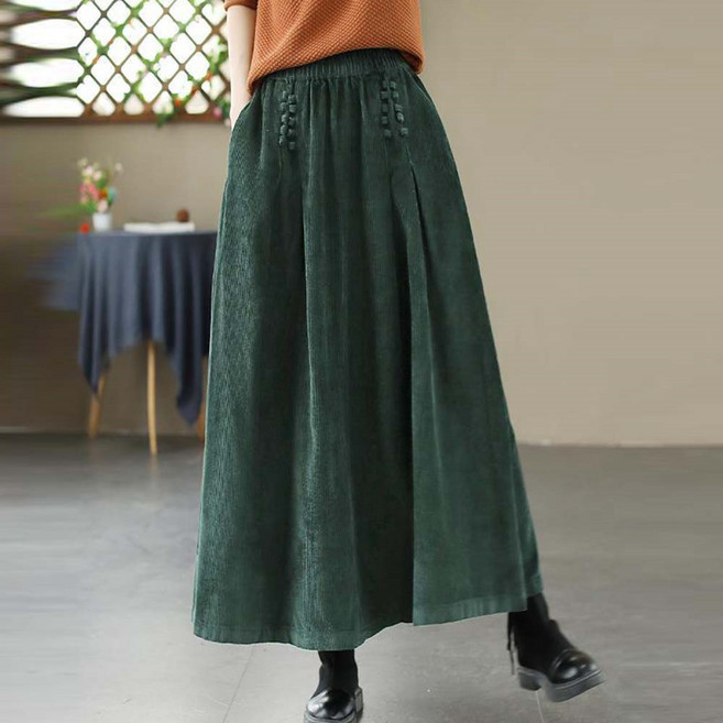 TKX 여성용 가을 겨울 고급스러운 코듀로이 롱 스커트 버튼 장식 레트로 스타일 중년여성 편안한 일상복 MN53